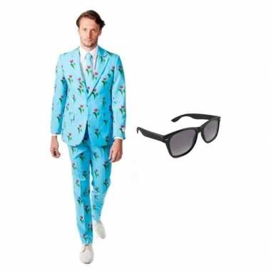 Heren foute kleding met tulpen print maat 48 (m) met gratis zonnebri