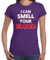 Foute halloween smell your blood t shirt paars voor dames kleding