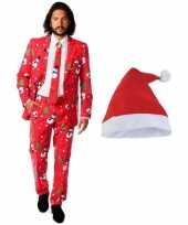 Heren opposuits kerst foute kleding rood met kerstmuts maat 50 l